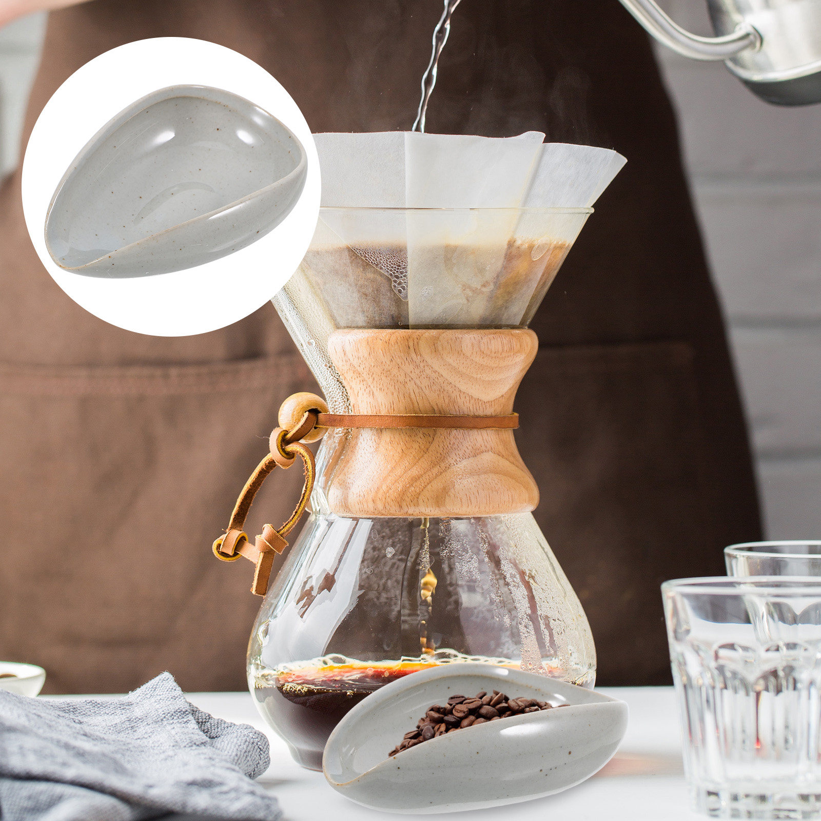 Coffee Tea And Leaf - صينية سيراميك لحبوب القهوة، كوب قياس،