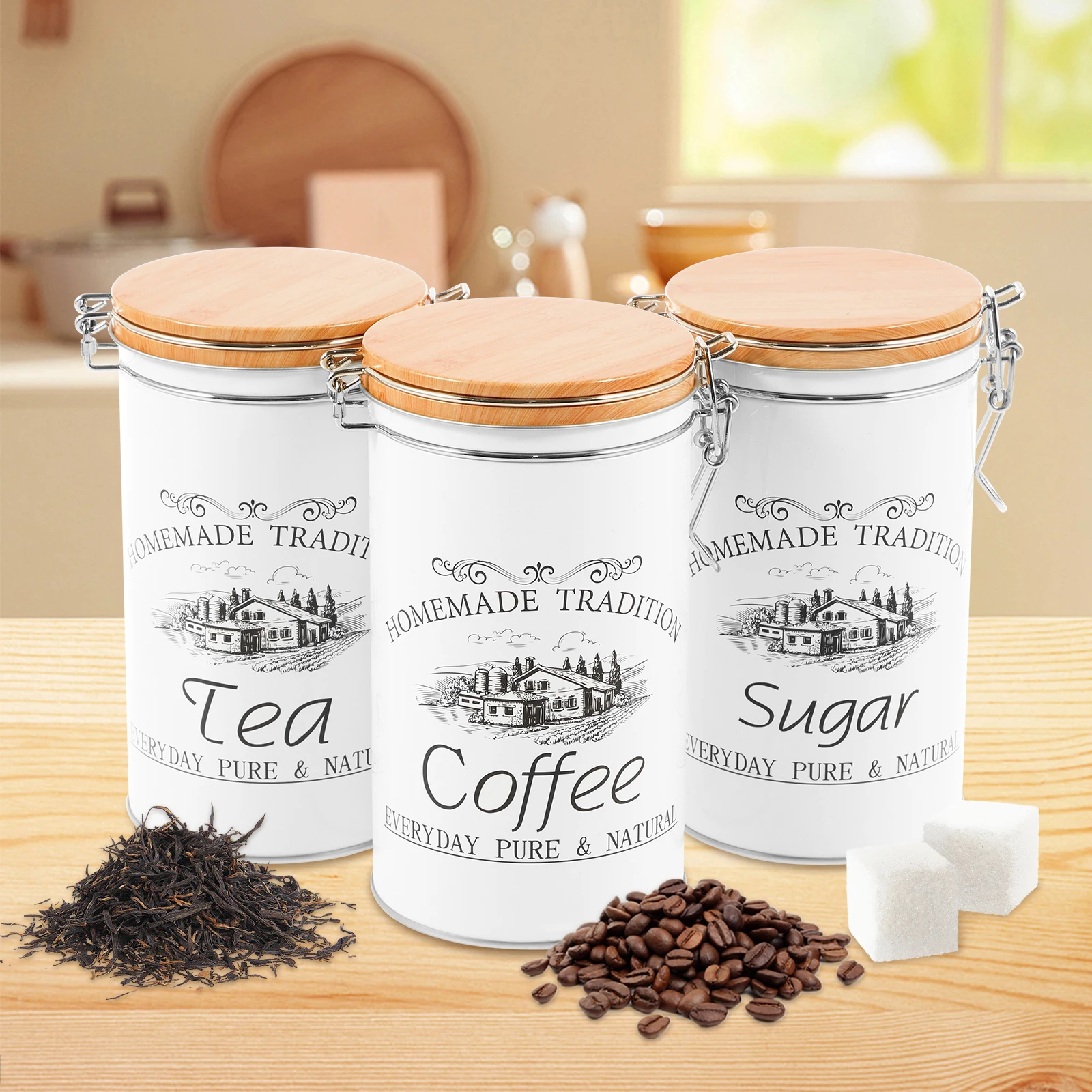 Coffee Tea And Sugar Canisters - مجموعة من 3 علب معدنية لتخزين