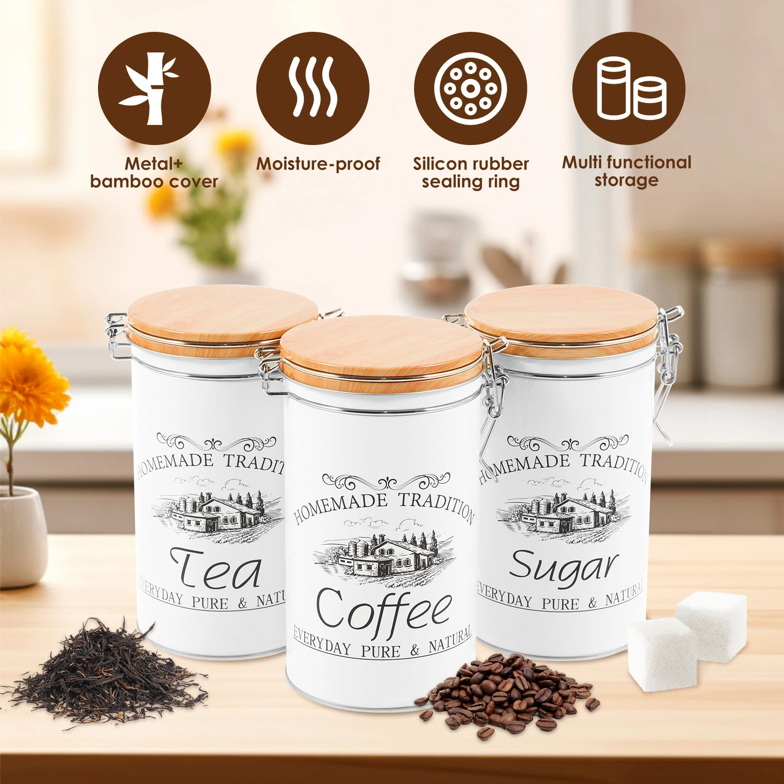 مجموعة من 3 علب معدنية لتخزين  - مراجعة Coffee Tea And Sugar Canisters وسعره